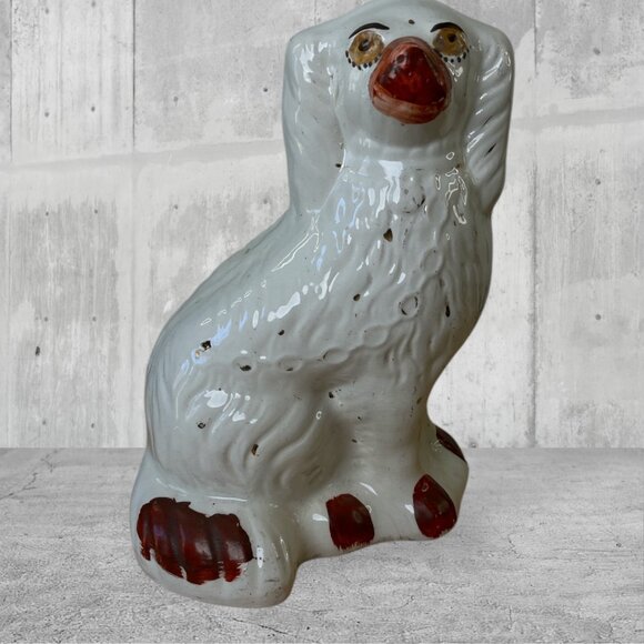 Antique Staffordshire White/Red Spaniel Dog Hand-Painted Ceramic 9
